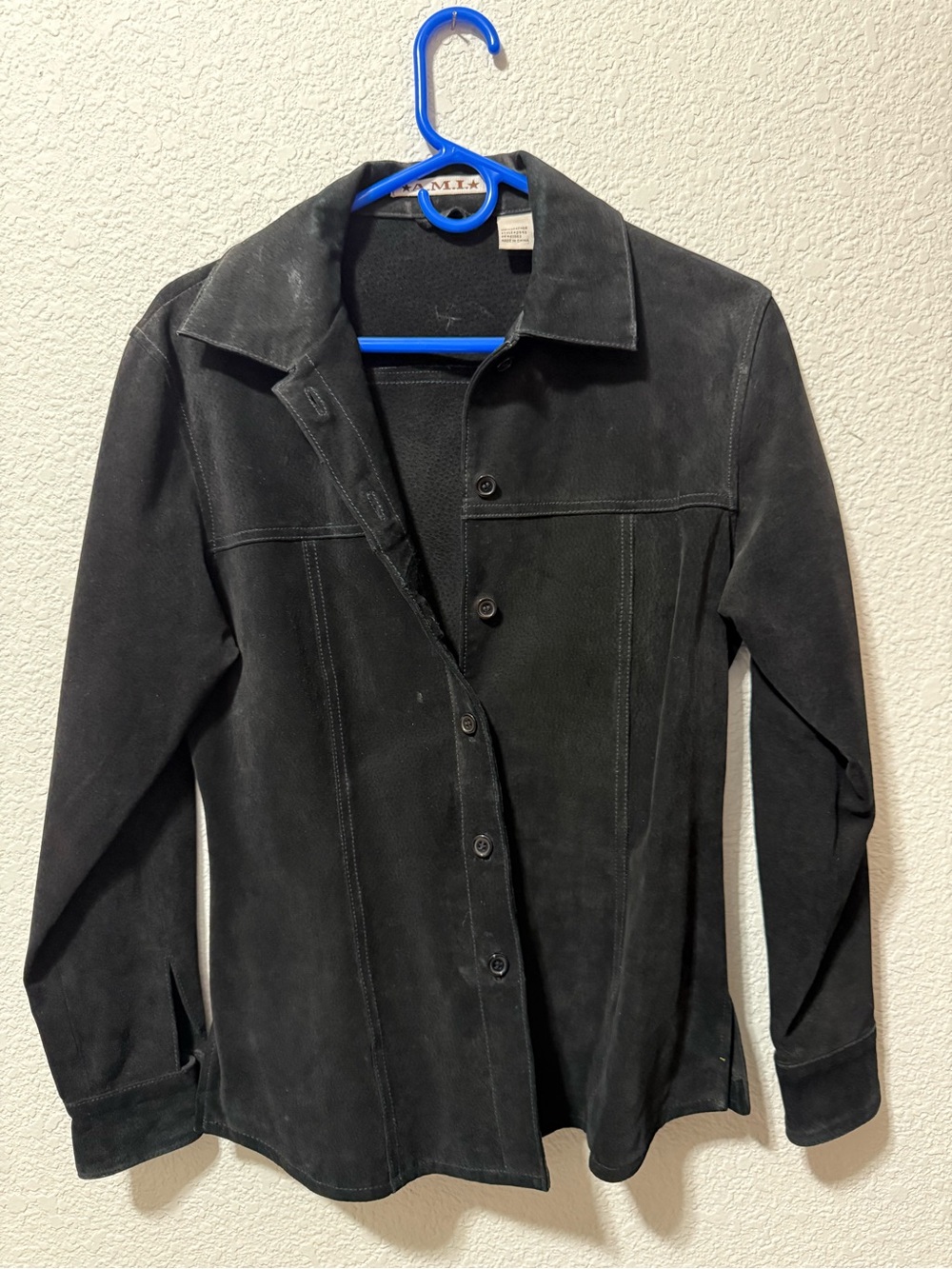 A.M.I. 100% Leather Black Suede Shirt Jacket Size Small Vintage Style